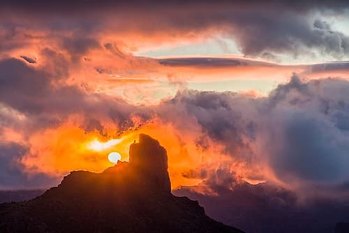 Spain-Canary Islands-Gran Canaria Island-Tejeda-mountain landscape with Roque Bentayga-sunset Landscape Print